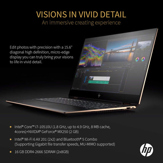 HP Spectre x360, 10th Gen Gemcut 15T,Touch 4K UHD,i7-10510U Quad Core,NVIDIA® GeForce® MX250 2GB,512GB NVMe SSD,16GB DDR4 2666 RAM,Win 10 Pro