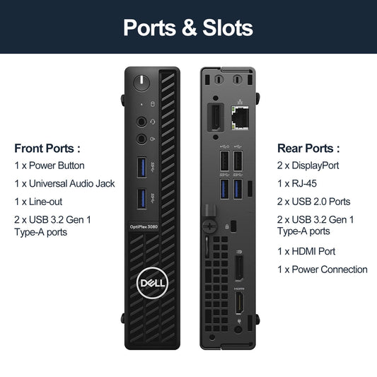 Dell OptiPlex 3000 Series 3080 Micro Form Factor Desktop, Intel Core i5-10500T, 16GB RAM, 1TB PCIe SSD, Wi-Fi 5, Bluetooth, Wired KB & Mouse, HDMI, DP, RJ45, Antenna, Windows 11 Pro, Black