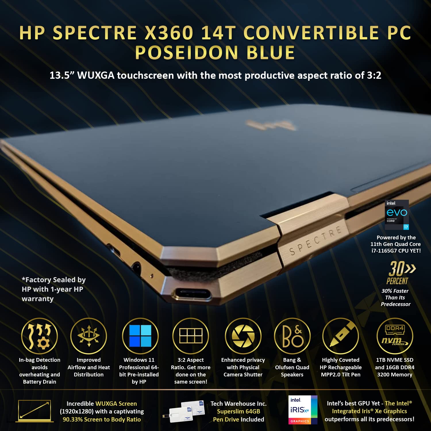 HP Spectre x360 Luxury 14T, 13.5" 3:2 WUXGA Touch, Intel i7-1165G7, 16GB RAM, 1TB SSD, Win 11 Pro, Bang&Olufsen Quad Speakers, Fingerprint, Tilt Pen, Poseidon Blue