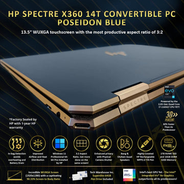 HP Spectre x360 Luxury 14T, 13.5" 3:2 WUXGA Touch, Intel i7-1165G7, 16GB RAM, 1TB SSD, Win 11 Pro, Bang&Olufsen Quad Speakers, Fingerprint, Tilt Pen, Poseidon Blue